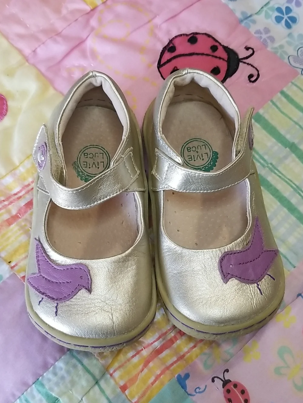 Livie & Luca Metallic Leather Mary Janes with Purple Leather Bird Size 8 Pio Pio